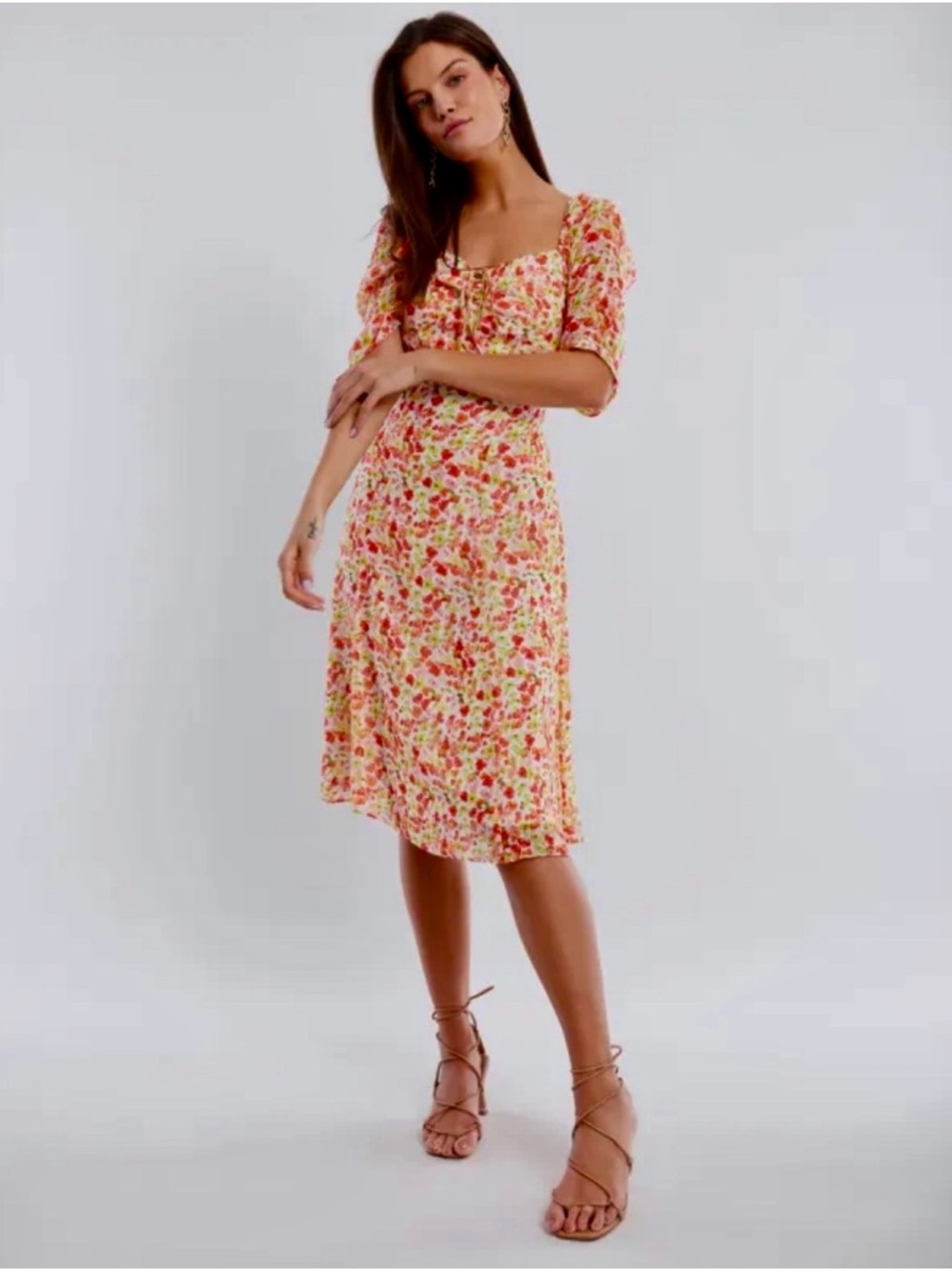 BCBGeneration‎ Floral Midi Dress with Square Neckline Puff Sleeves Tie Front 12